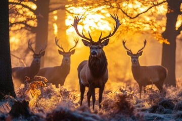 Red deer stags standing in golden sunrise light in forest