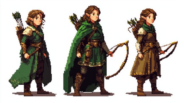 Three pixel art variations of a female elf archer in fantasy attire, showcasing different outfit designs and poses.