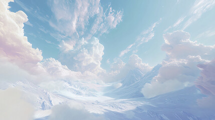 Expansive pastel blue sky with marble like clouds over snowy mountains