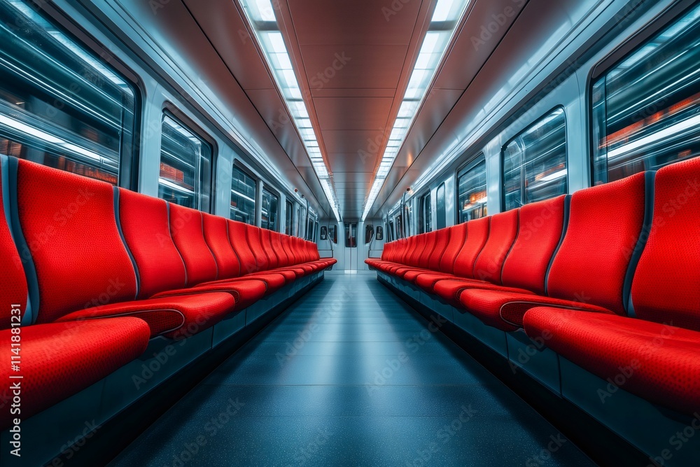 Poster empty modern subway car with red seats waiting for passengers