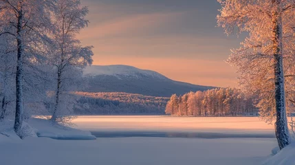 Fototapeten Winter landscape with frozen lake and frosted trees during sunset in a serene mountainous region © Terablete
