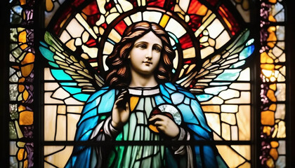 Obraz premium Colorful stained glass angel in the church. 