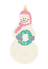Cute snowman Christmas ornament with pink hat, scarf, and festive wreath illustration. Vintage vector hand drawn drawing isolated on white background