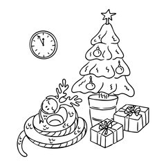 Festive snake with reindeer antlers laying near decorated Christmas tree with gifts and clock showing midnight. Vector hand drawn drawing isolated on white background for coloring pages