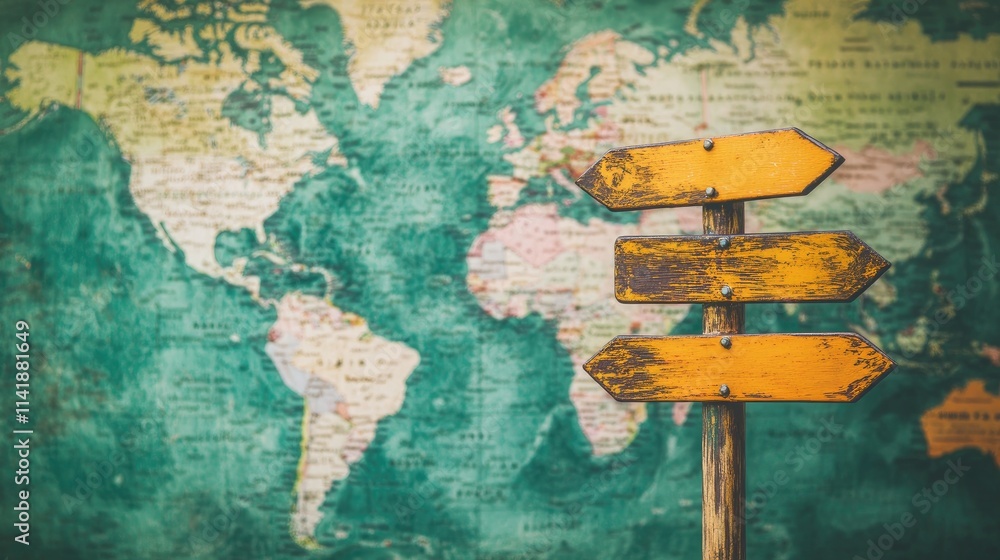 Poster A symbolic road sign with global navigation pointers, placed over a world map with a green backdrop, representing international travel