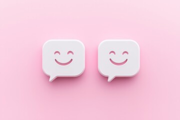 Two cute white speech bubbles with happy face emojis on a pink background