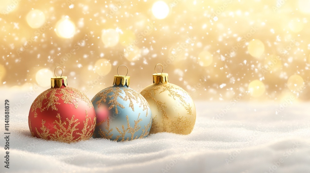 Poster christmas ornaments resting on snow with golden bokeh and falling snowflakes in background