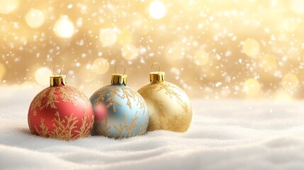 Christmas ornaments resting on snow with golden bokeh and falling snowflakes in background