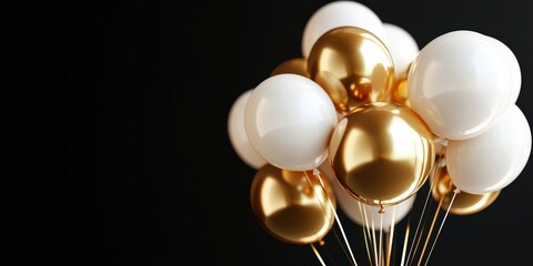 Stunning 3D Realistic Gold and White Balloons on a Dark Background Perfect for Holiday Celebrations and Festive Events