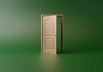 3d render with copy space, golden open door isolated on green background. Architectural design element. Modern minimal concept. Elegant, abstract metaphor.