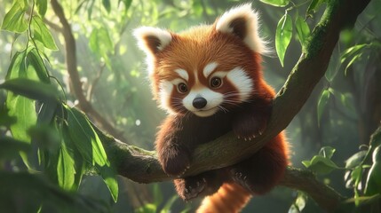 Cute red panda cub clinging to a branch in a lush forest.