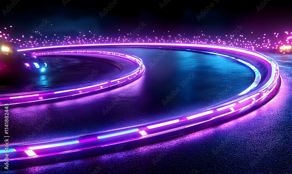 Poster dynamic neon light effects on a curved background in vector style