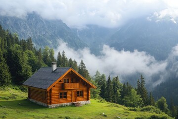 Wooden cabin nestled in the serene alps: embracing nature's majesty