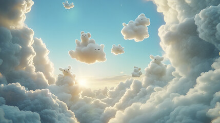 whimsical scene of fluffy clouds shaped like bears in blue sky
