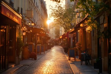 Obraz premium Golden sunrise illuminating charming parisian street with cozy cafes