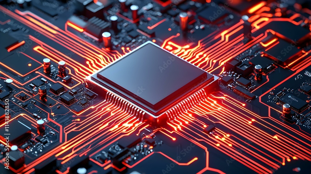 Poster monochrome cpu with red circuit board and digital components