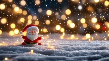 Naklejka premium Santa figurine in snowy scene with bokeh lights.