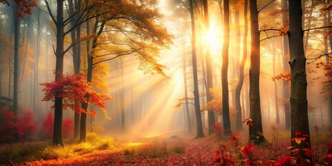 Naklejka premium Golden Sunbeams Illuminating a Misty Autumn Forest Path