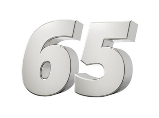 Silver 3d numbers 65 Sixty five. Isolated white background 3d illustration