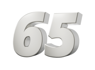 Silver 3d numbers 65 Sixty five. Isolated white background 3d illustration