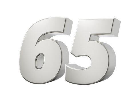 Silver 3d numbers 65 Sixty five. Isolated white background 3d illustration