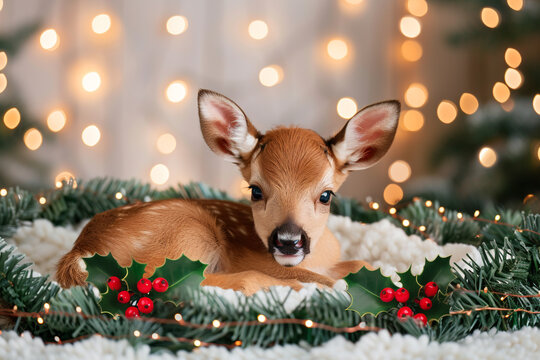 Adorable Baby Reindeer Resting on Pine Needles