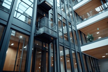 Modern Glass Elevator in a Stylish Office Building with Wood Accents, Showcasing Contemporary Architecture and Interior Design Elements in a Bright Environment