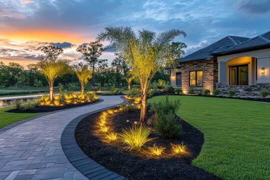 Illuminated garden path leading to florida home at sunset