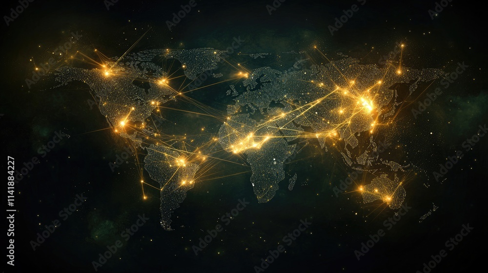 Poster Abstract digital data processing with glowing connections and a world map, depicting a network of global information on a dark background