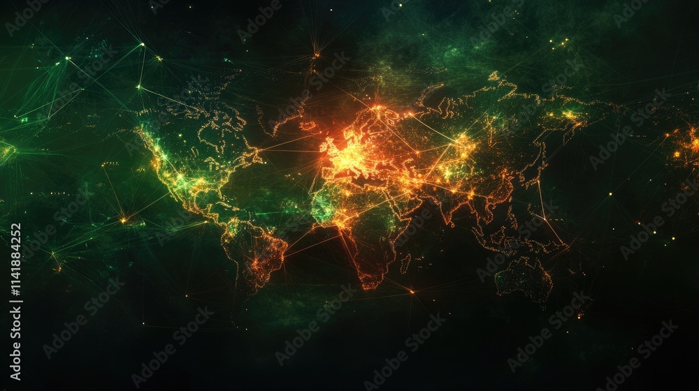 Poster Abstract digital data processing with glowing connections and a world map, depicting a network of global information on a dark background