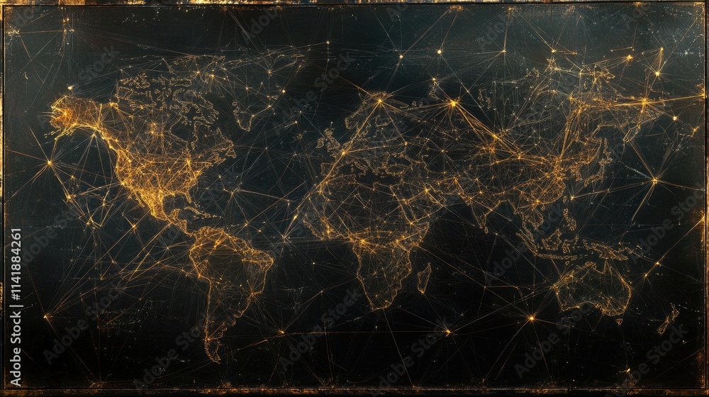 Poster Abstract digital data processing with glowing connections and a world map, depicting a network of global information on a dark background