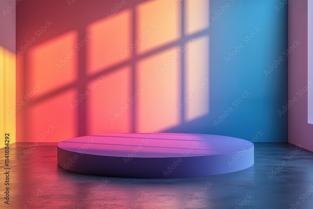 Poster Empty round podium in room with colorful walls and window light creating shadows