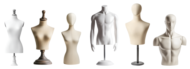 Collection range of boy girl male man female woman mannequin dummy display on transparent cutout, PNG file. Many different model style. Mockup template for artwork graphic design	