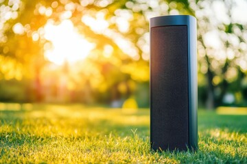 Modern wireless speaker standing on green grass during golden hour, capturing the essence of outdoor leisure, music, and sunlight amidst nature's beauty.