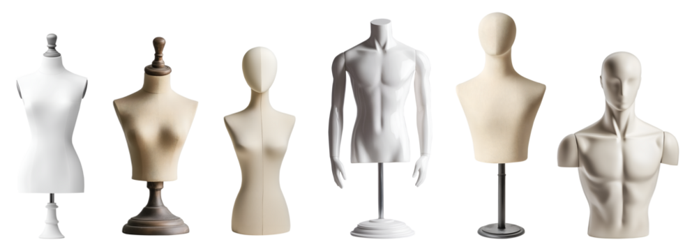 Collection range of boy girl male man female woman mannequin dummy display on transparent cutout, PNG file. Many different model style. Mockup template for artwork graphic design