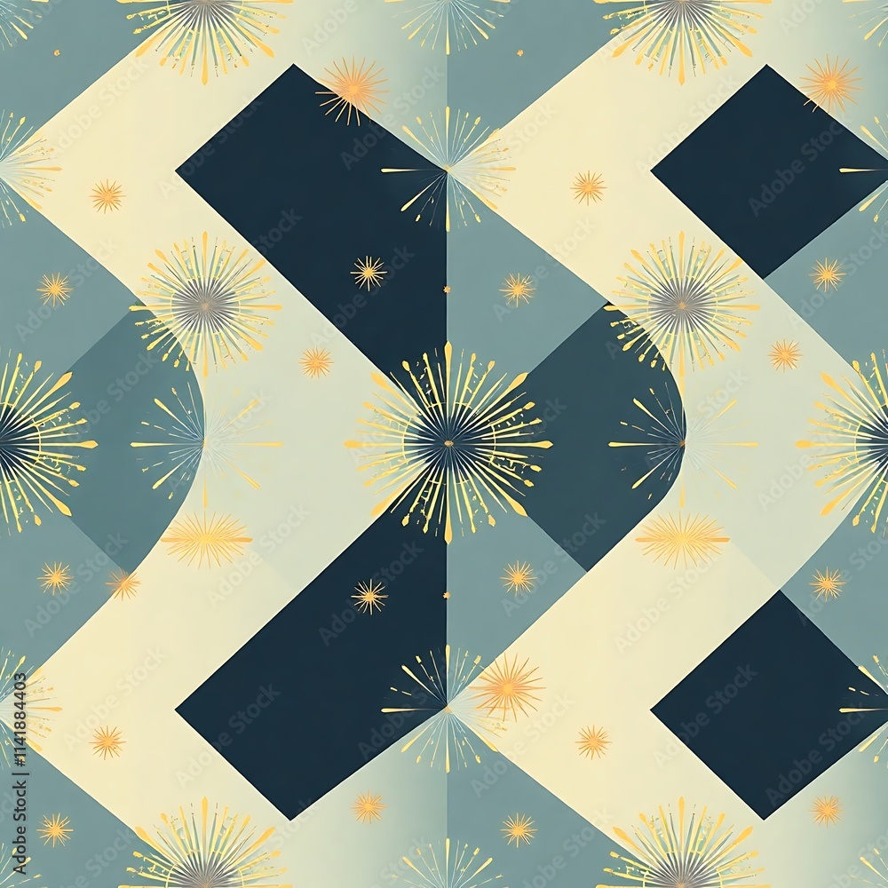 Poster fireworks and geometric pattern: a vibrant, abstract pattern with stylized fireworks and geometric s