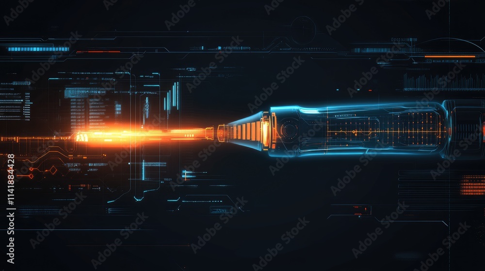 Poster Abstract futuristic data processing with high-tech lines and scopes glowing against a dark background, symbolizing digital transformation
