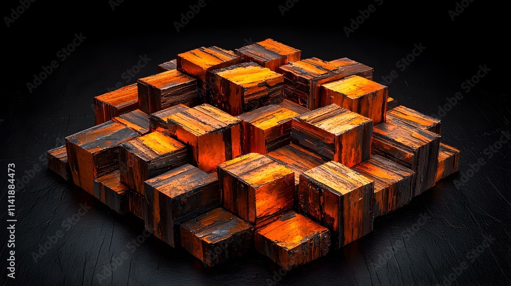Poster abstract geometric blocks rendered in 3d with warm lighting effects