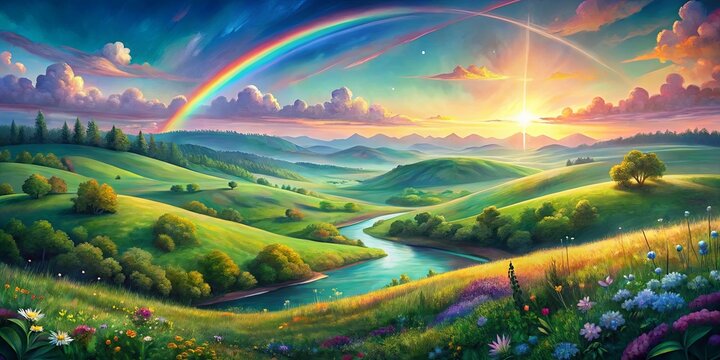Serene landscape painting of rolling hills, vibrant wildflowers, and a meandering river under a rainbow sunset