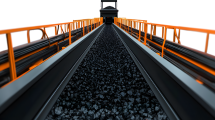 belt conveyor transporting fine coal in a heating plant, selective front focusing isolated on white background, 