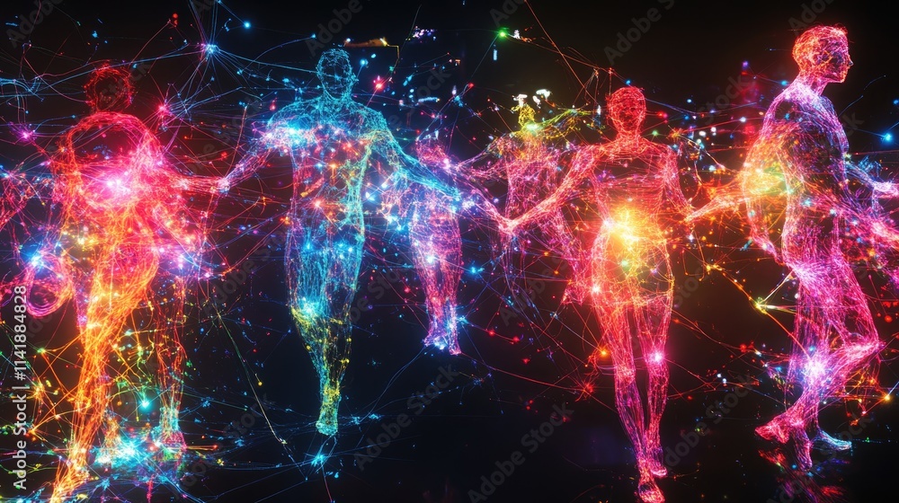 Poster abstract representation of colorful figures connected by glowing lines, illustrating social media ne