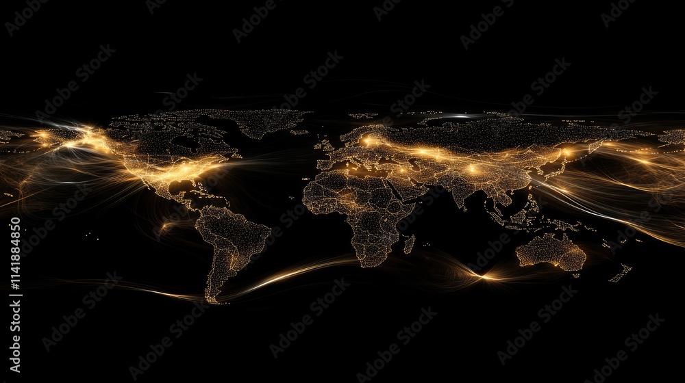 Poster Abstract world map on a black background, with digital data streams and glowing connections symbolizing global network processing