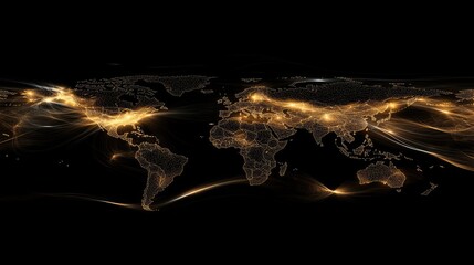 Abstract world map on a black background, with digital data streams and glowing connections symbolizing global network processing