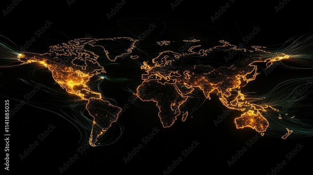 Leinwandbilder Abstract world map on a black background, with digital data streams and glowing connections symbolizing global network processing