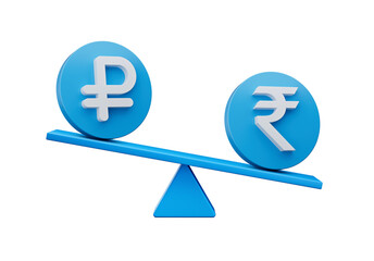 3d White Ruble And Rupee Symbol On Rounded Blue Icons With 3d Balance Weight Seesaw, 3d illustration