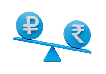 3d White Ruble And Rupee Symbol On Rounded Blue Icons With 3d Balance Weight Seesaw, 3d illustration