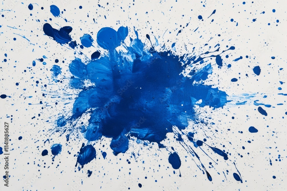 Poster Blue paint splashing on white canvas creating abstract design