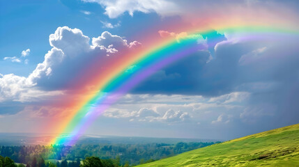 Naklejka premium Rainbow arch over green hills, cloudy skies.