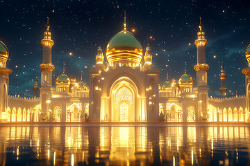 Obraz premium 3D golden mosque with Ramadan Kareem Islamic background.