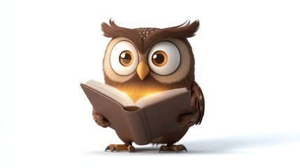 Cute cartoon owl reading a book with bright expressive eyes